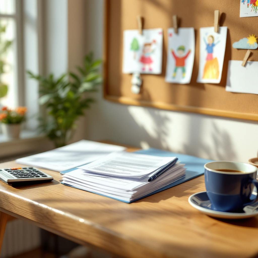 Schreibtisch mit Antragsformularen, um als Alleinerziehende finanzielle Hilfe zu beantragen